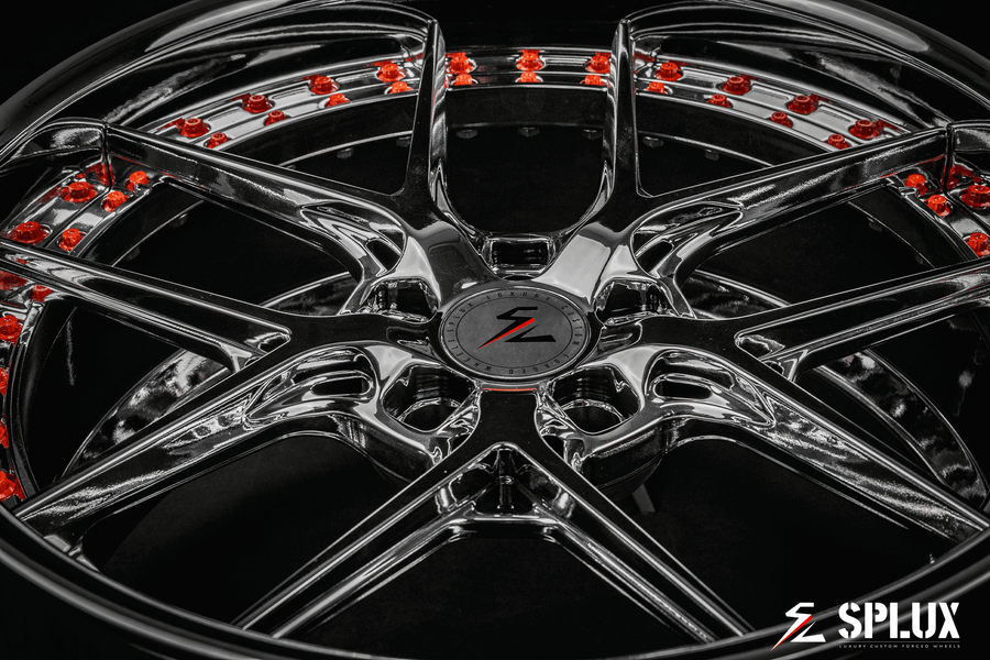 Splux SD-02 20-inch custom forged 2-piece y-spoke chrome rims with orange rivets and deep dish lip for 2020 Ford Mustang