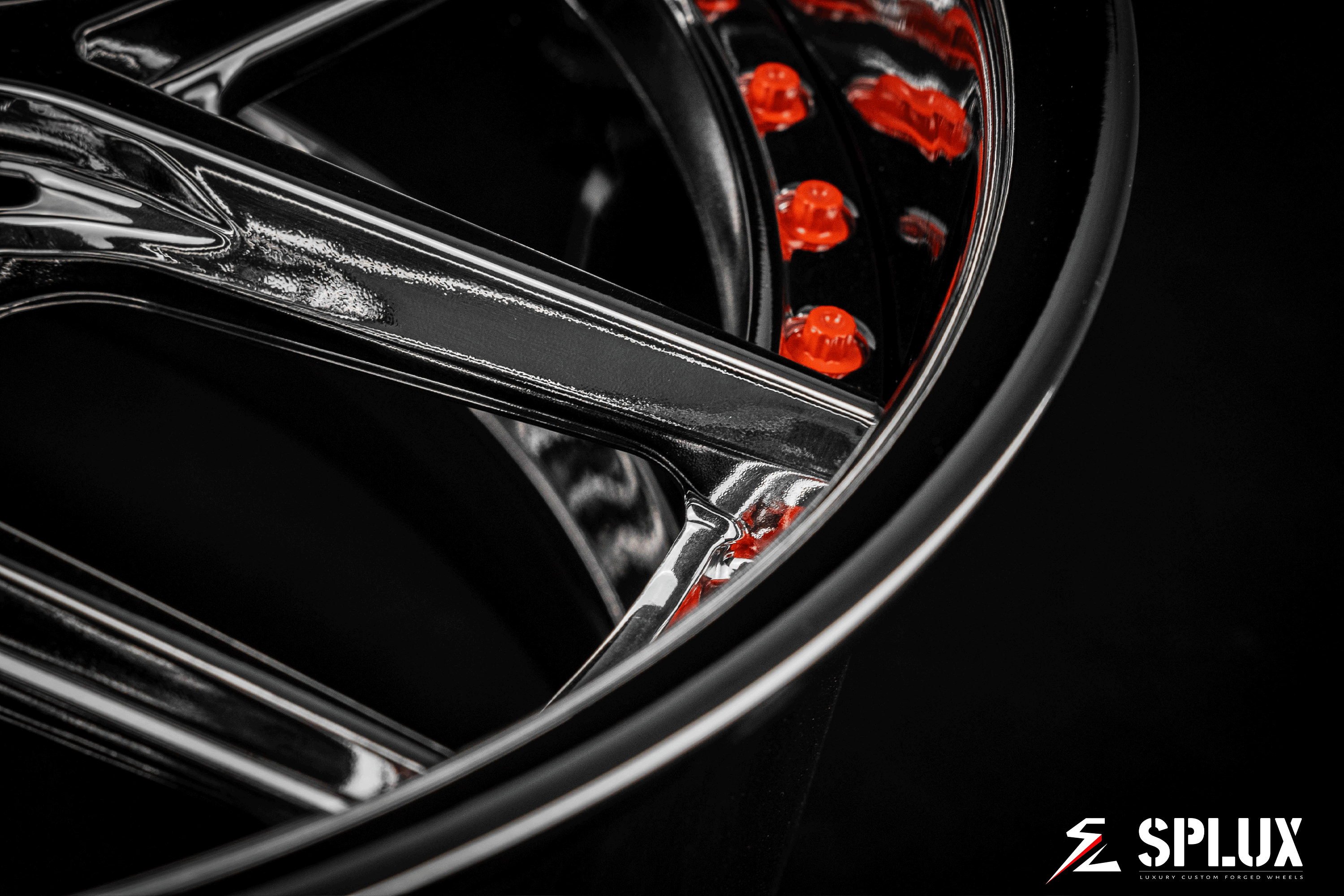 Splux SD-02 custom forged 2-piece deep dish y-spoke chrome rims with orange rivets and lip for 2020 Ford Mustang, 20-inch
