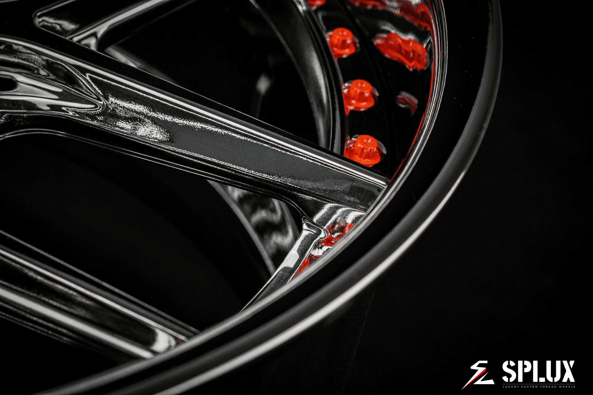 Splux SD-02 custom forged 2-piece deep dish y-spoke chrome rims with orange rivets and lip for 2020 Ford Mustang, 20-inch