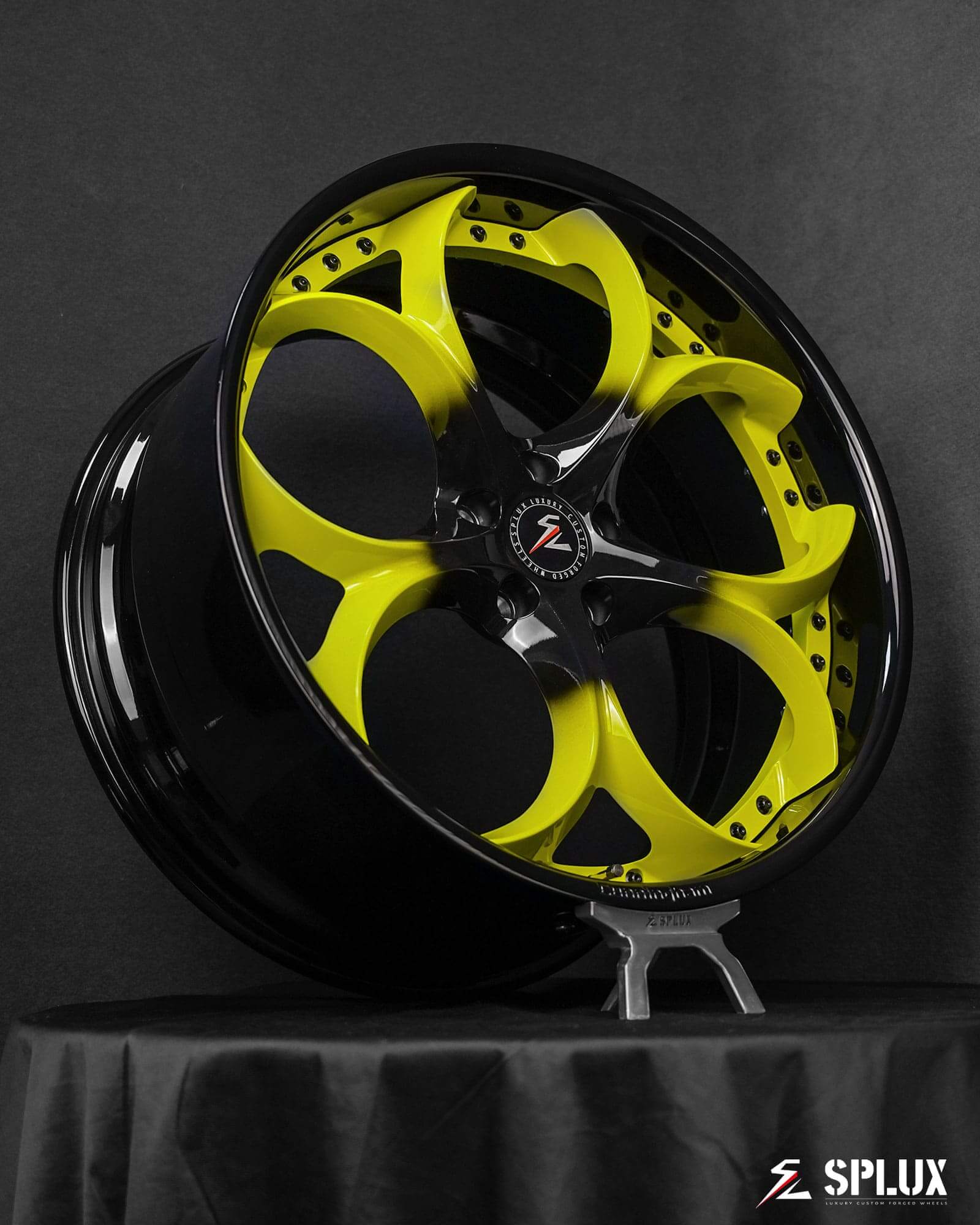 accelerate yellow metallic color matched forged 2-piece wheels. deep dish corvette rims with black gradient finish.