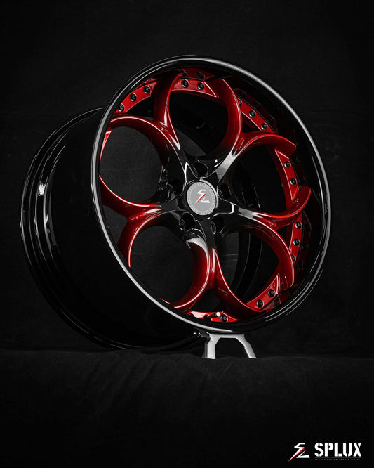 Splux SD-02 custom forged 2-piece aftermarket rims for 2019 C7 Corvette Grand Sport, 19/20 inch, black and red with deep lip and heart spoke.