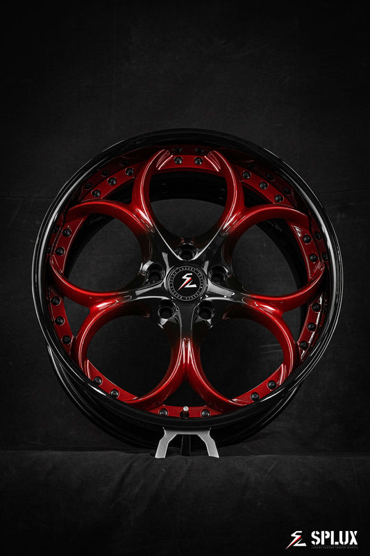 Splux SD-02 custom forged 2-piece aftermarket wheels for 2019 C7 Corvette, 19/20 inch, black and red with deep dish and heart spoke design.