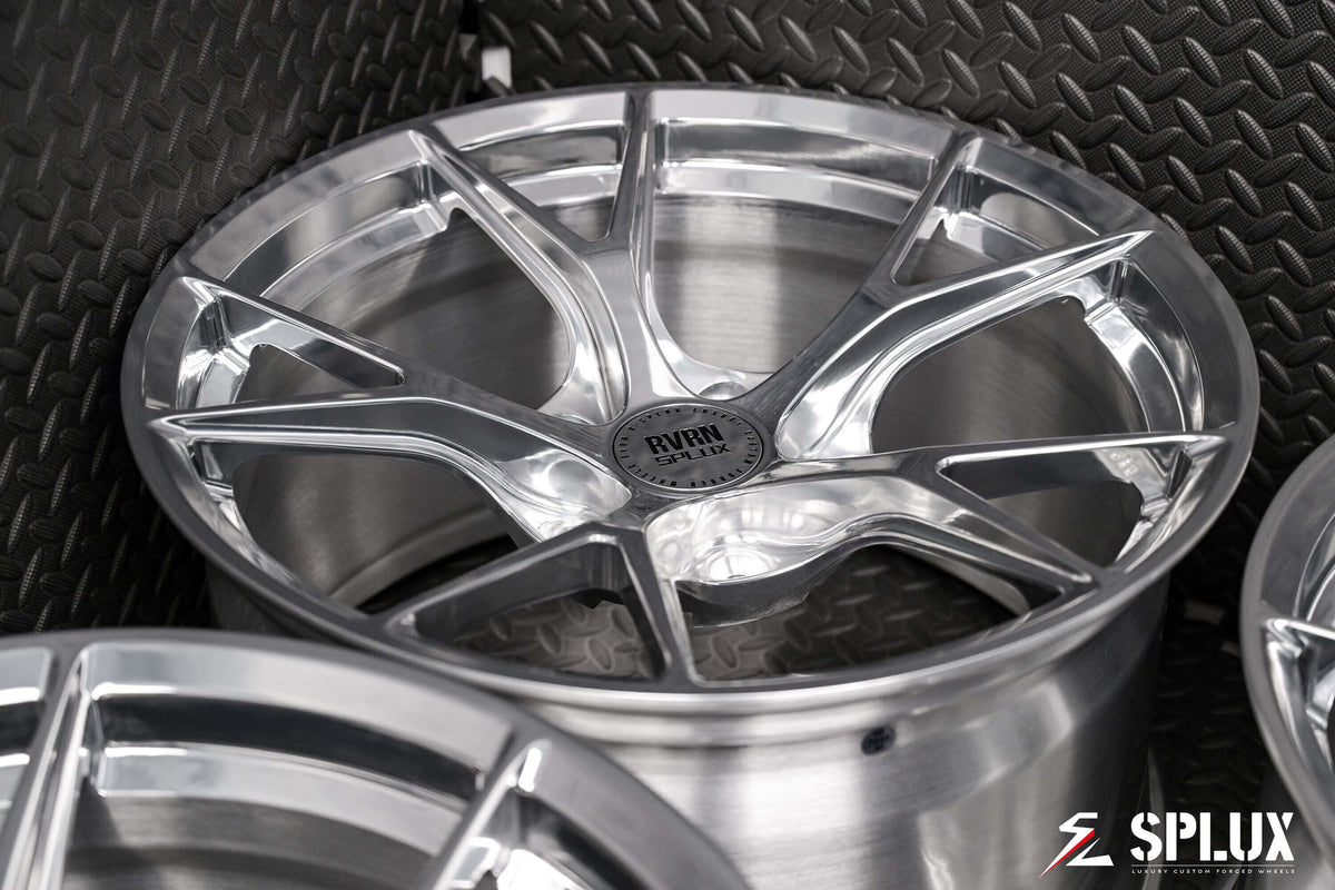 porsche 718 aftermarket wheels with raw polished aluminum finish. deep concave and lightweight design.
