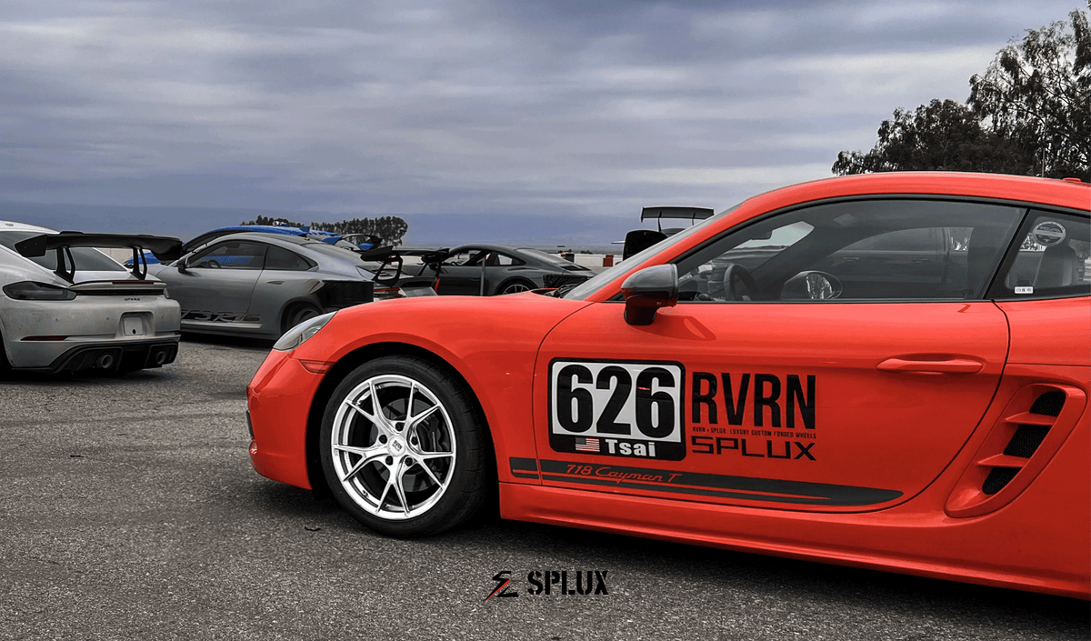 Red sports car with SL-03R wheels at tamale track days, showcasing super lightweight design and y-spoke concave style.