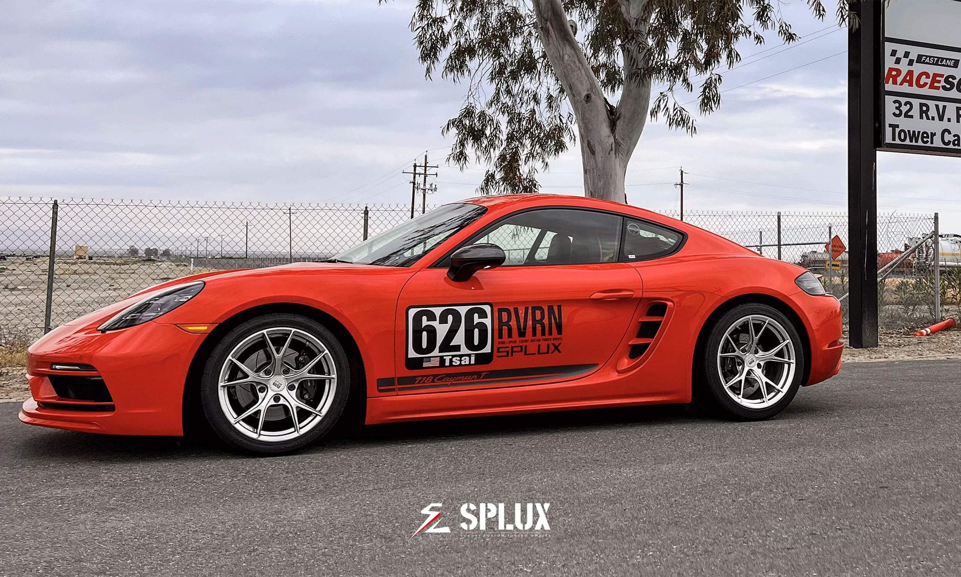 Orange vehicle at tamale track days with SPLUX SL-03R wheels, showcasing super lightweight Y-spoke design.