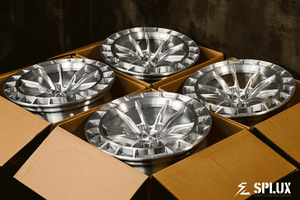 Splux SC-02 aftermarket wheels and lug nuts for 2024 Civic Type R. Custom forged 18-inch monoblock, brushed aluminum, silver.