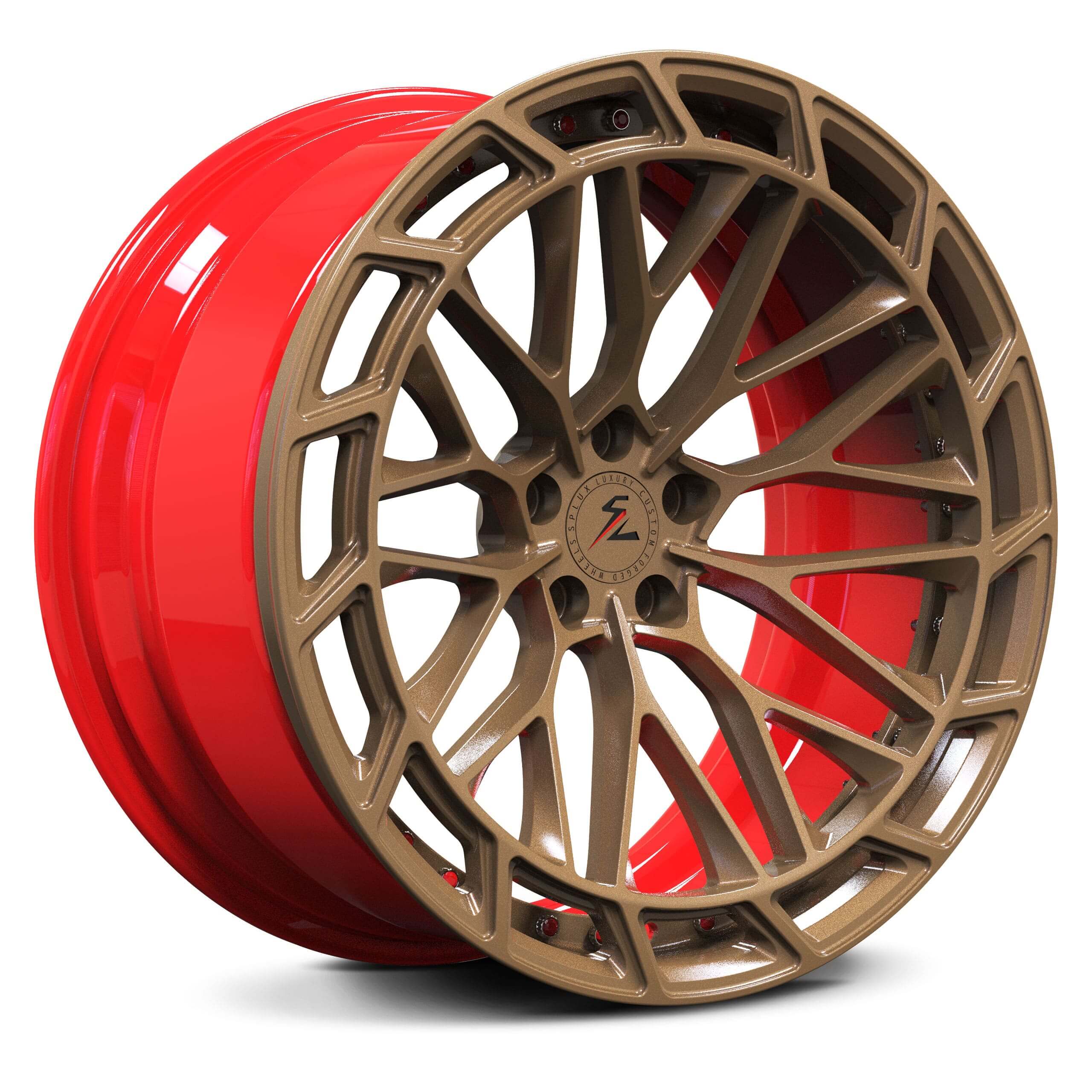 Bronze JK wheels from Splux, available in 16-26 inches. Super concave design with a red finish.