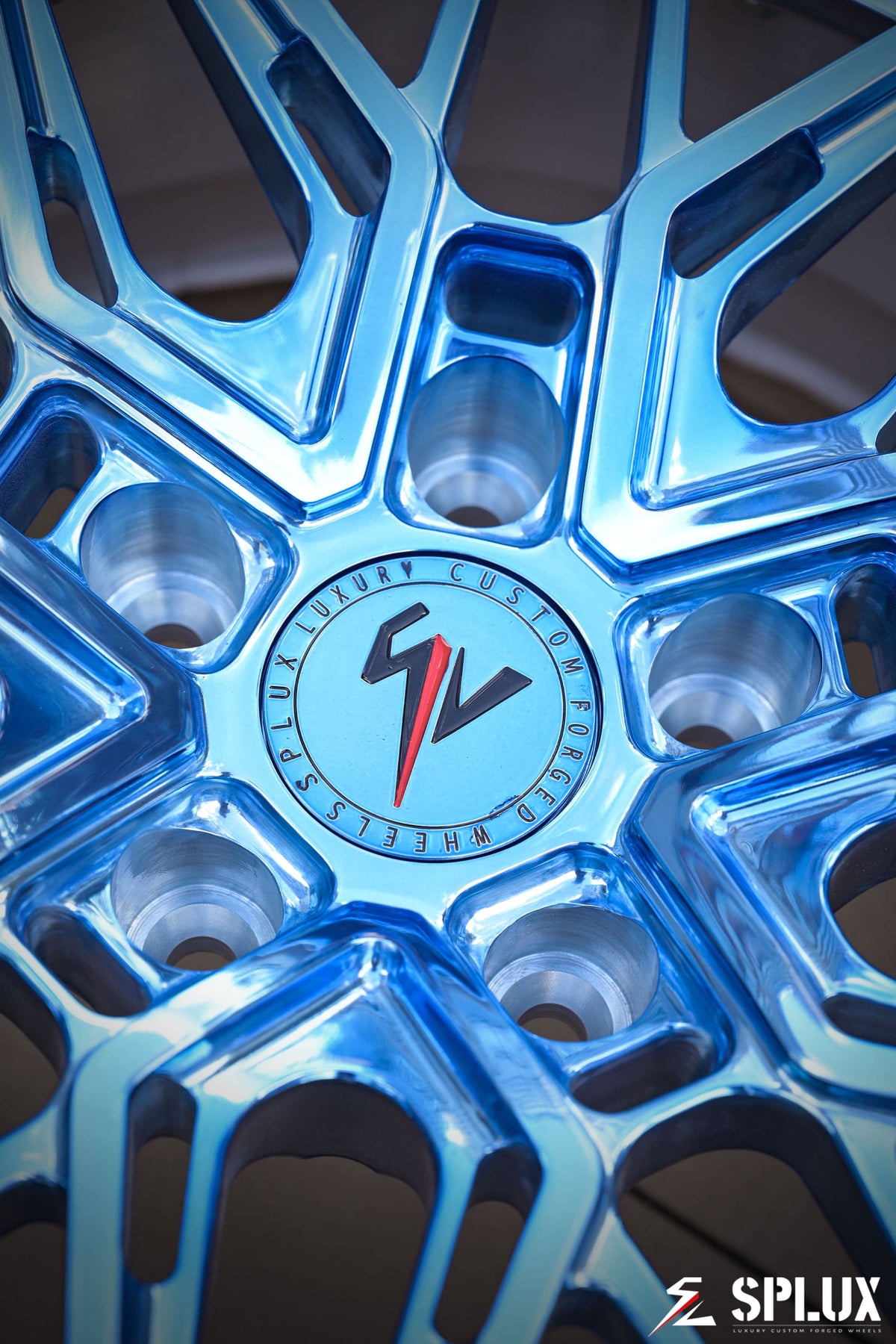 C3 Corvette 18 inch wheels: SC-02 forged 2-piece with polished light blue spokes and polished barrel