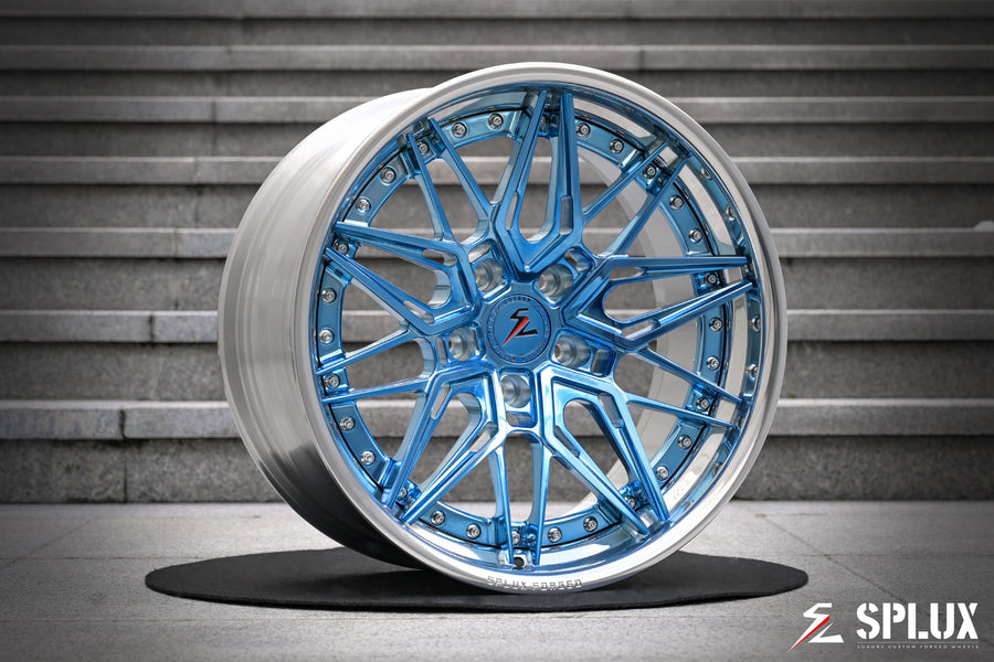 SC-02 2-piece wheel showing polished barrel and light blue spoke detail