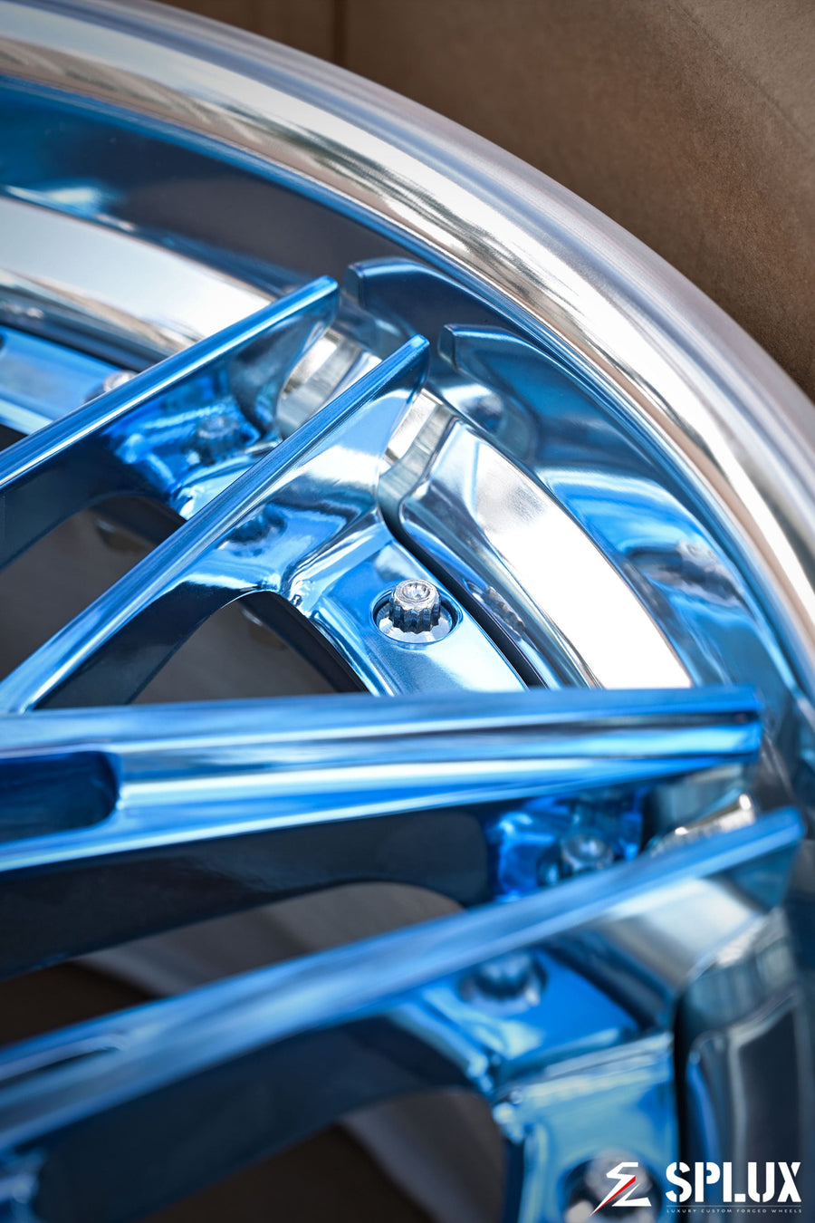 SC-02 2-piece forged wheel with deep concave profile and polished light blue spokes