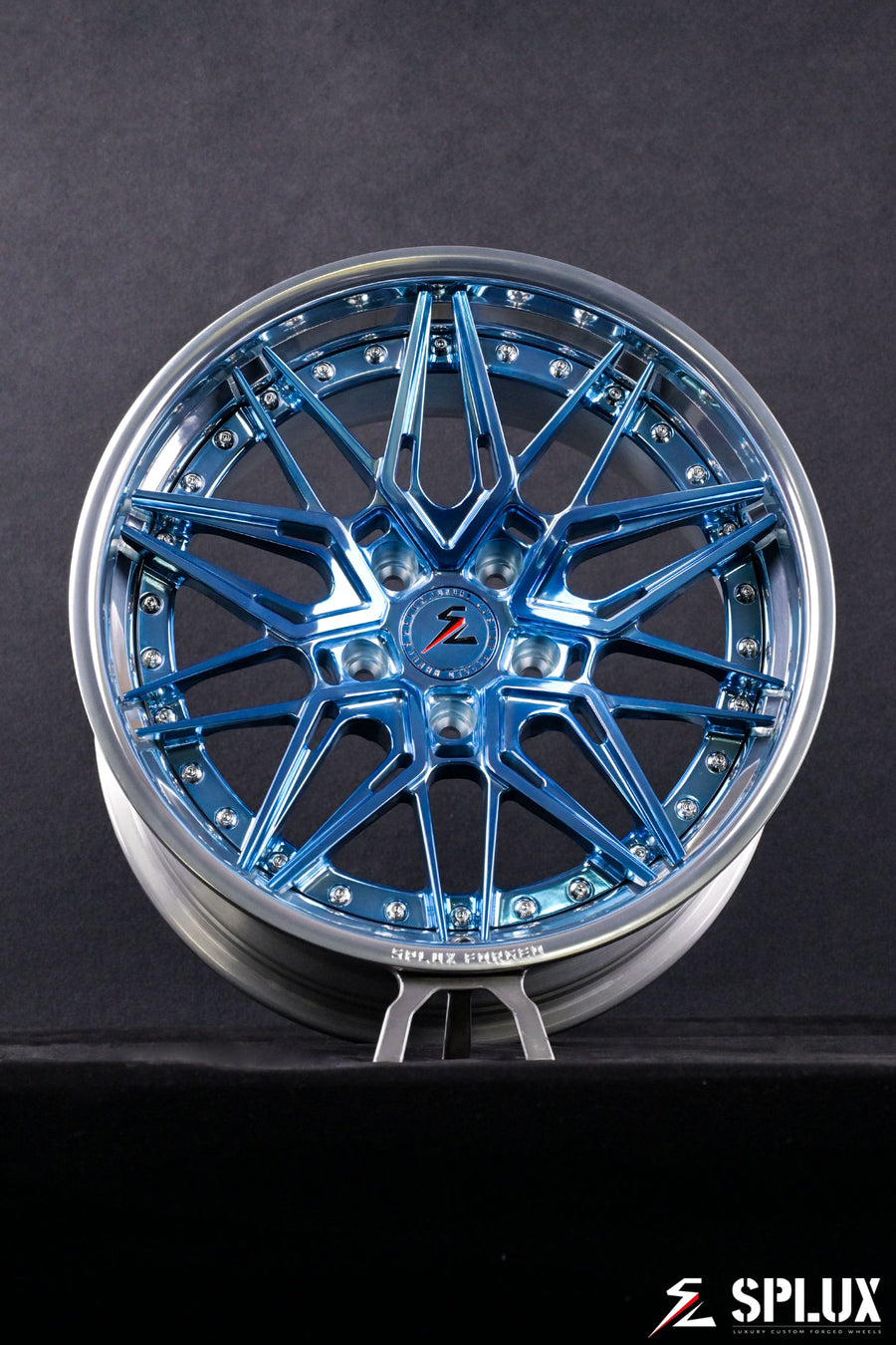 SC-02 concave wheel with polished light blue spokes and visible lug holes