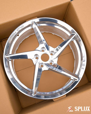 SC-09M forged wheels showroom hero shot full vehicle composition lighting