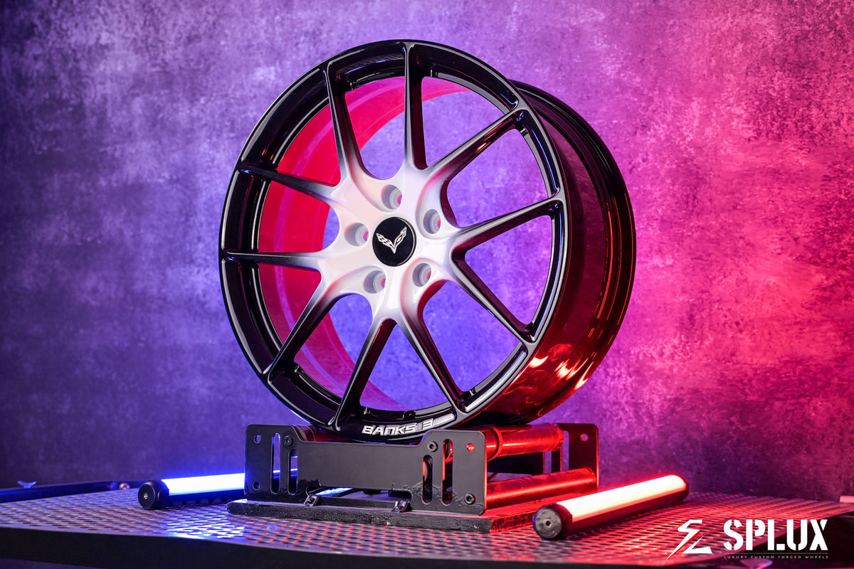 SL-04 forged wheels showroom lighting reflection across gloss red inner barrel
