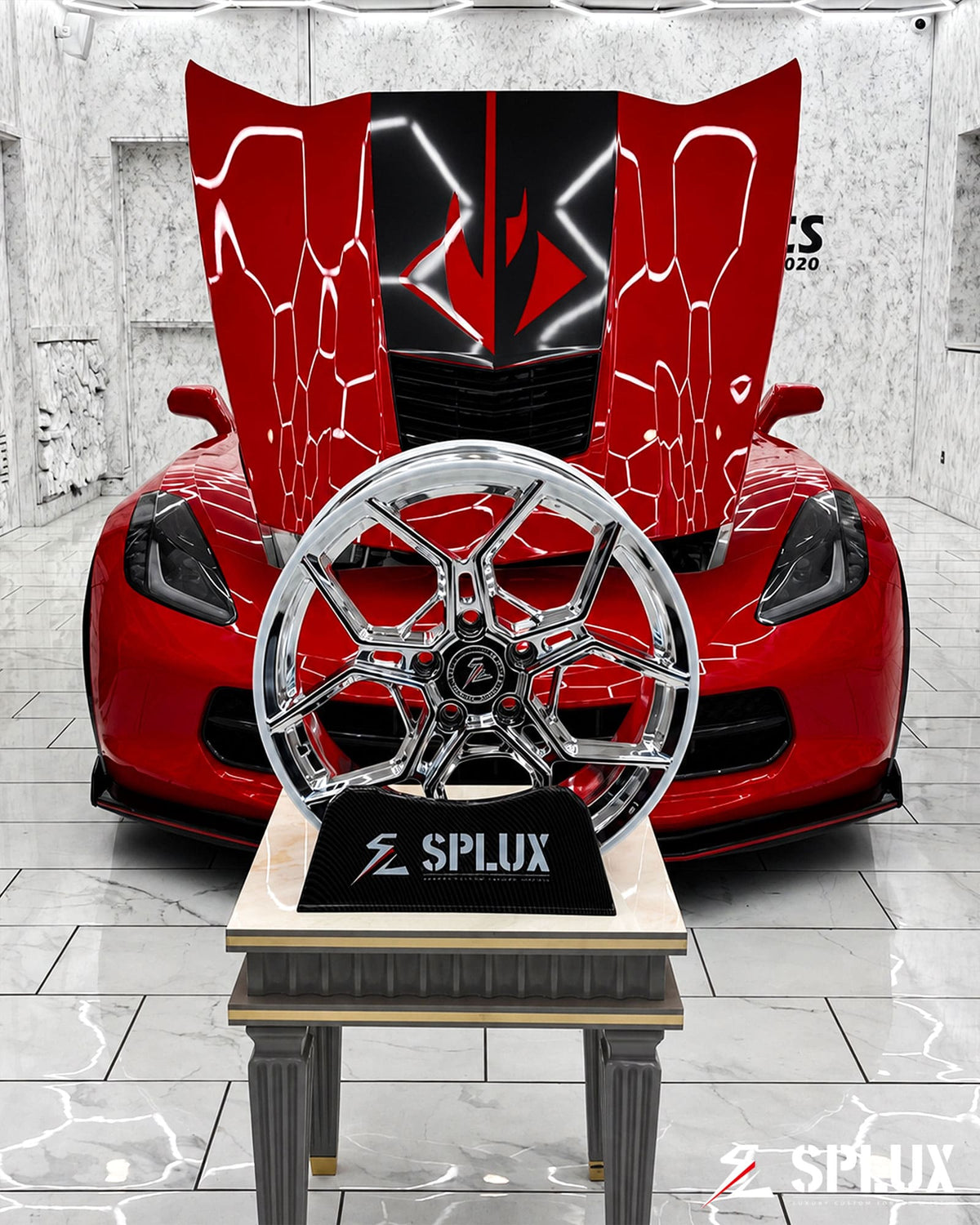 SC-18M wheel with chrome finish and red brake caliper visible