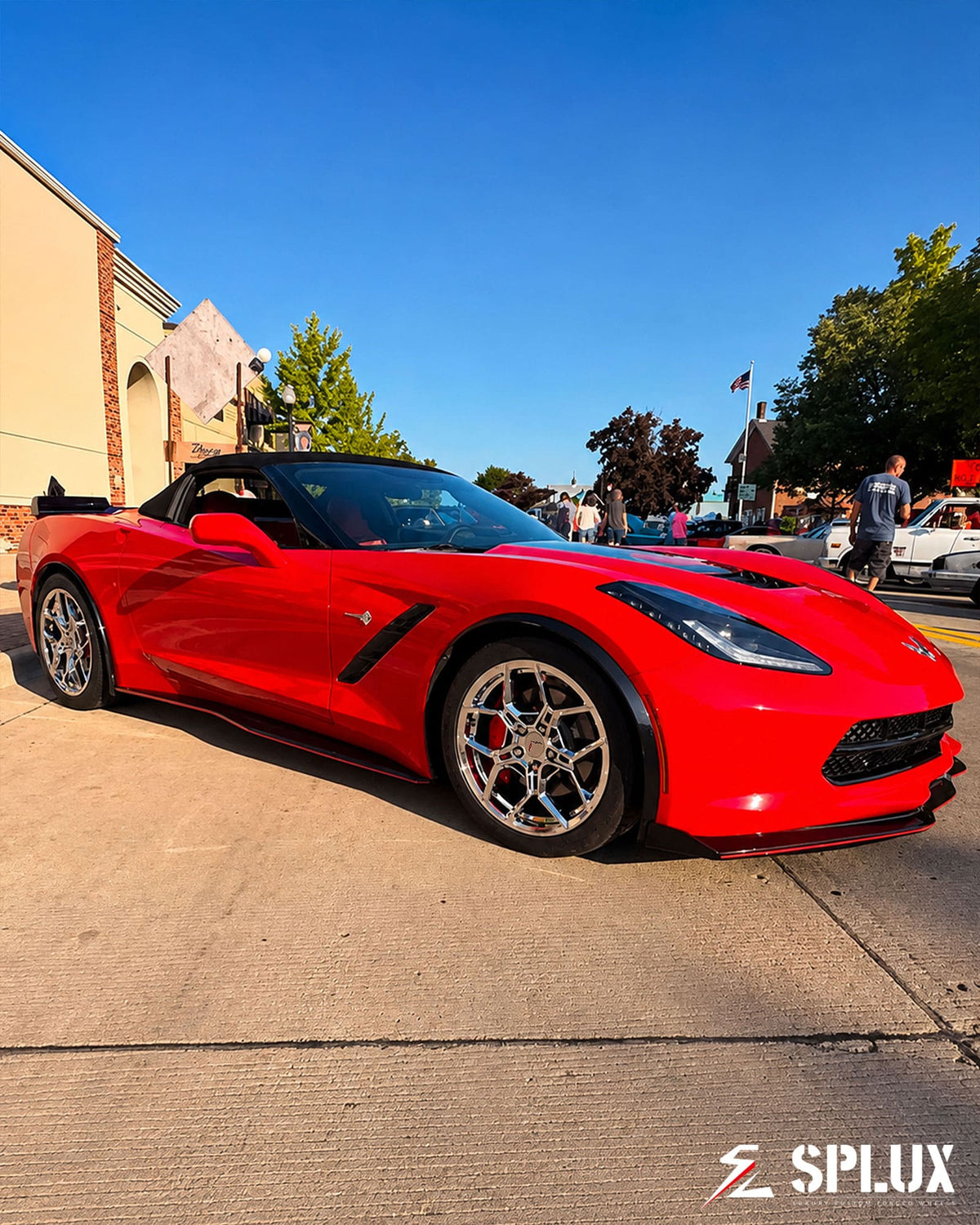 Red C7 Stingray with SC-18M wheels, 18-inch front and 19-inch rear