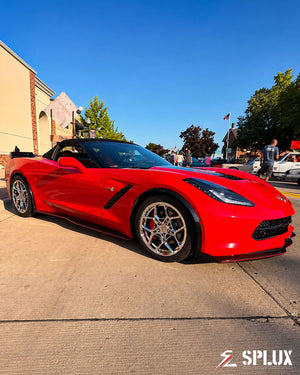 Red C7 Stingray with SC-18M wheels, 18-inch front and 19-inch rear