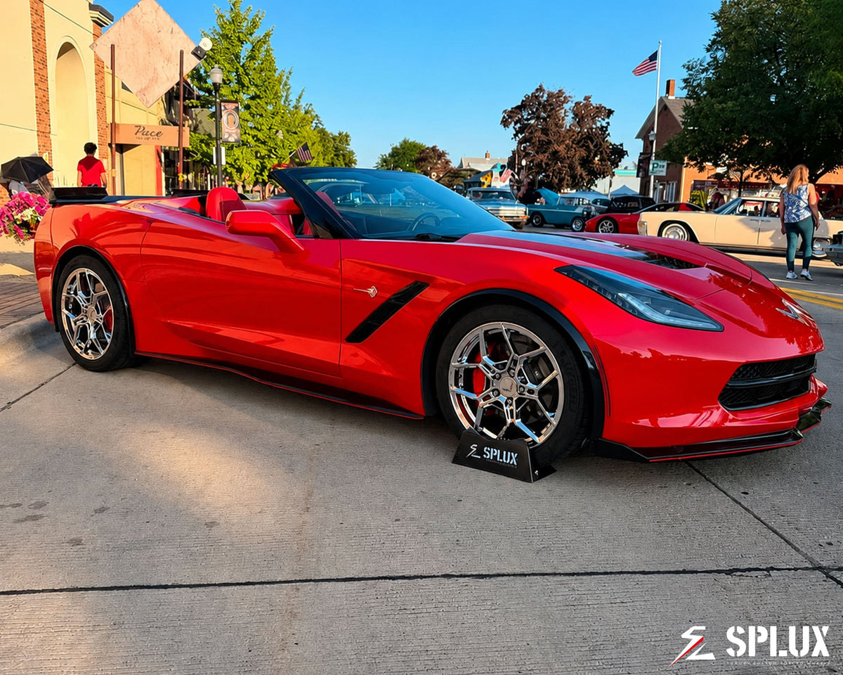 Red C7 Stingray on SC-18M forged wheels with chrome spokes and polished lip