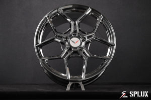 The rear 19-inch SC-18M wheel in chrome with a deep dish and custom center cap