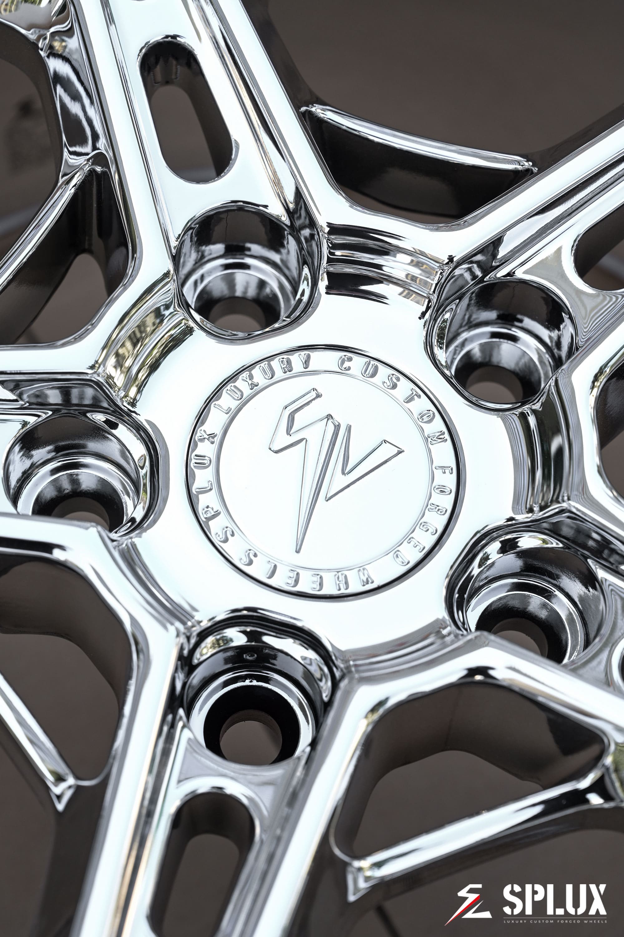 Rear 19-inch SC-18M forged wheel in chrome with a wide lip and visible lug holes