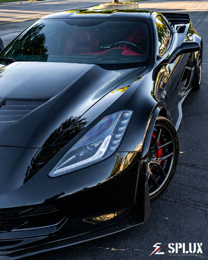 Close-up of the SD-02 rear wheel, showing the deep dish and gunmetal finish on the C7 Z06