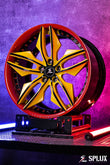 C7 Z06 rims on a 2017 Corvette C7 Z06 with SR-05 2-piece forged wheels, gloss black barrel, red lip, and yellow spokes