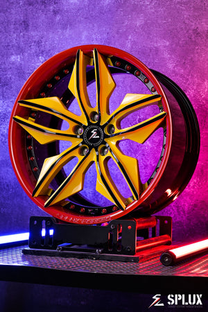 C7 Z06 rims on a 2017 Corvette C7 Z06 with SR-05 2-piece forged wheels, gloss black barrel, red lip, and yellow spokes