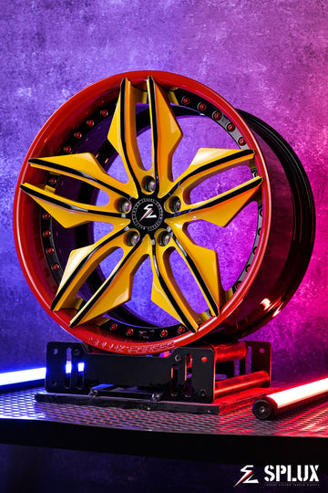 C7 Z06 rims on a 2017 Corvette C7 Z06 with SR-05 2-piece forged wheels, gloss black barrel, red lip, and yellow spokes