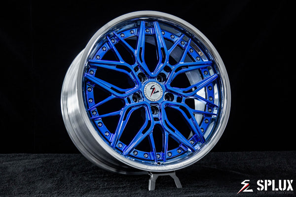 SC-02 forged wheel with chrome blue spokes and polished barrel on the front of the BMW 340i