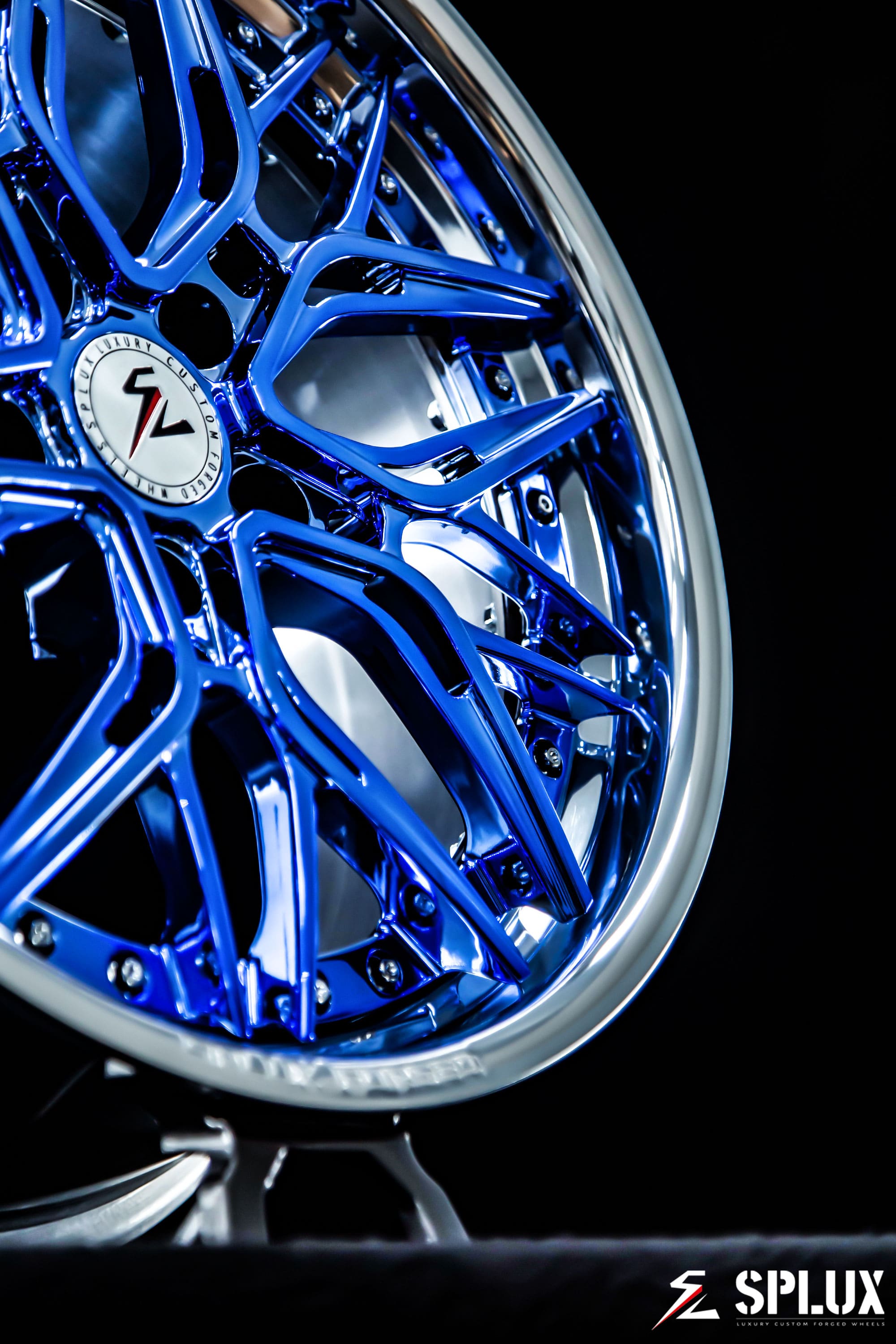 SC-02 2-piece forged wheel with a deep concave face and chrome blue spokes on the BMW