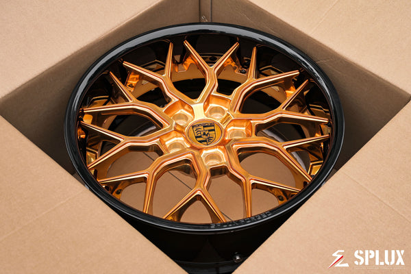SA-01 forged 2-piece wheel with Polished Copper spokes and Piano Black barrel