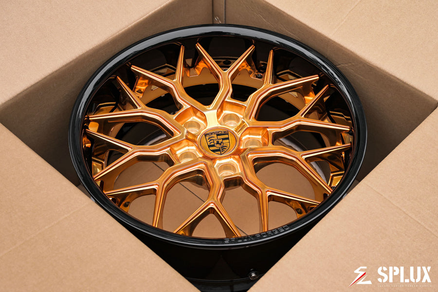 SA-01 forged 2-piece wheel with Polished Copper spokes and Piano Black barrel