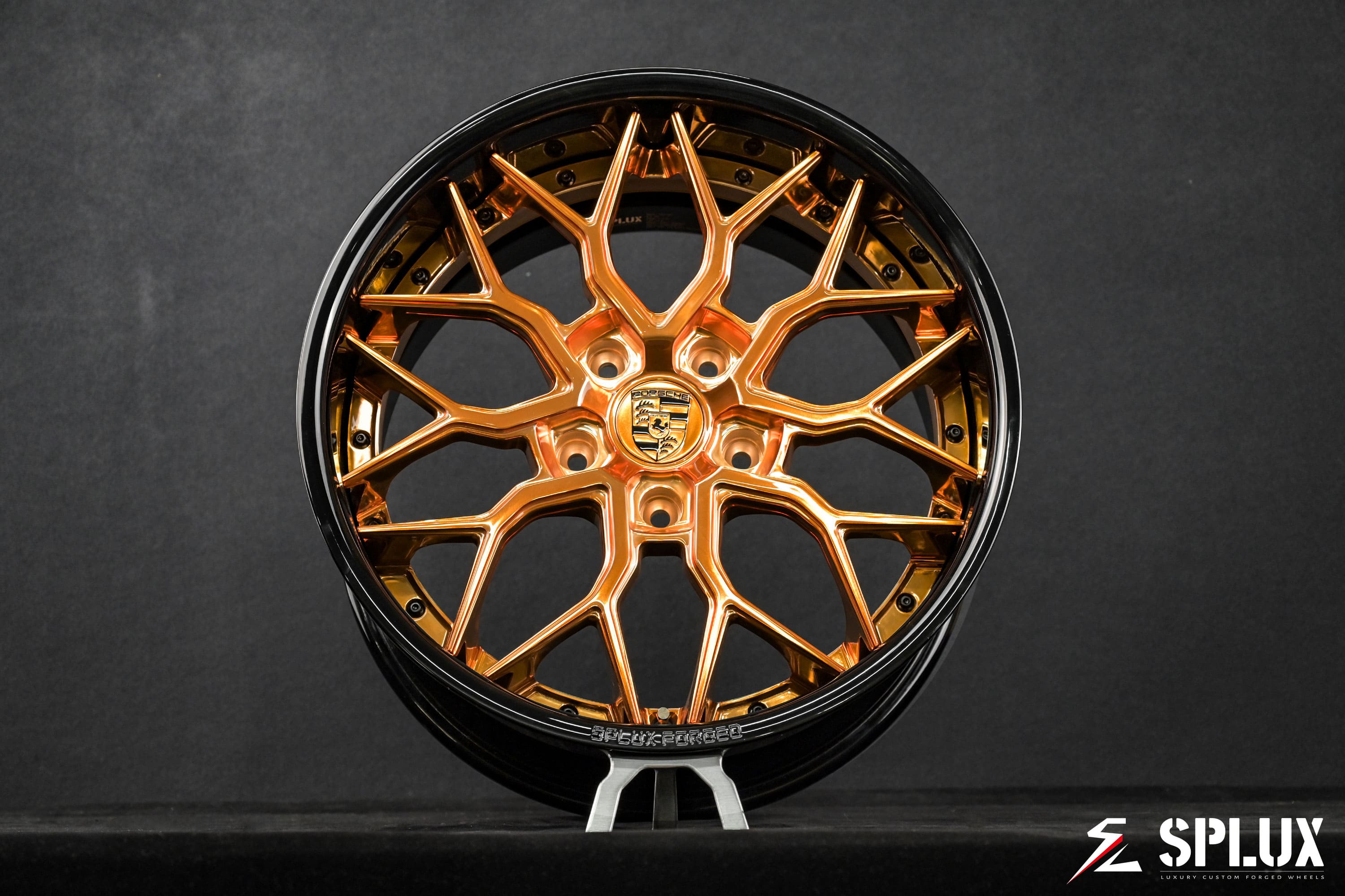 Polished Copper spokes on the SA-01 aftermarket wheels for Porsche Cayman