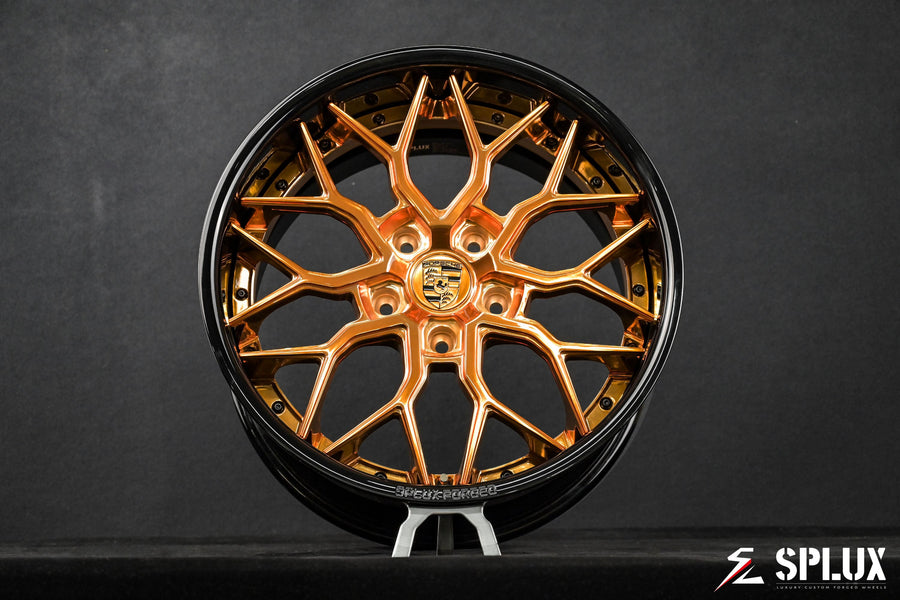 Polished Copper spokes on the SA-01 aftermarket wheels for Porsche Cayman