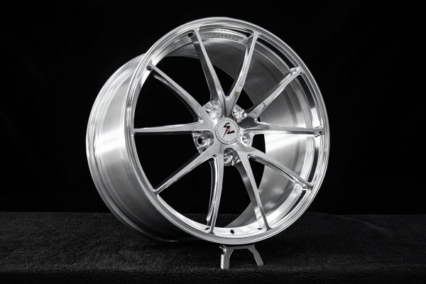 Polished SC-08M monoblock front wheel in 19-inch size showing its concave spoke profile