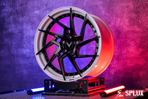 SA-03 directional wheels center area detailing the custom wheel engraving and C8 Corvette custom center caps