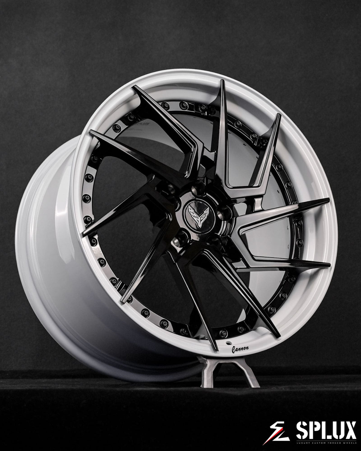 SA-03 directional wheels fitted on C8 Corvette standing angled front three quarter perspective