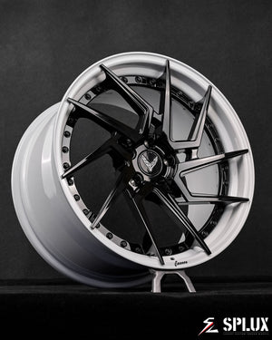 SA-03 directional wheels fitted on C8 Corvette standing angled front three quarter perspective