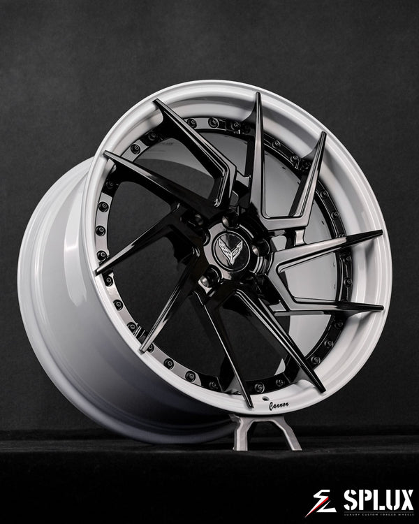 SA-03 directional wheels fitted on C8 Corvette standing angled front three quarter perspective