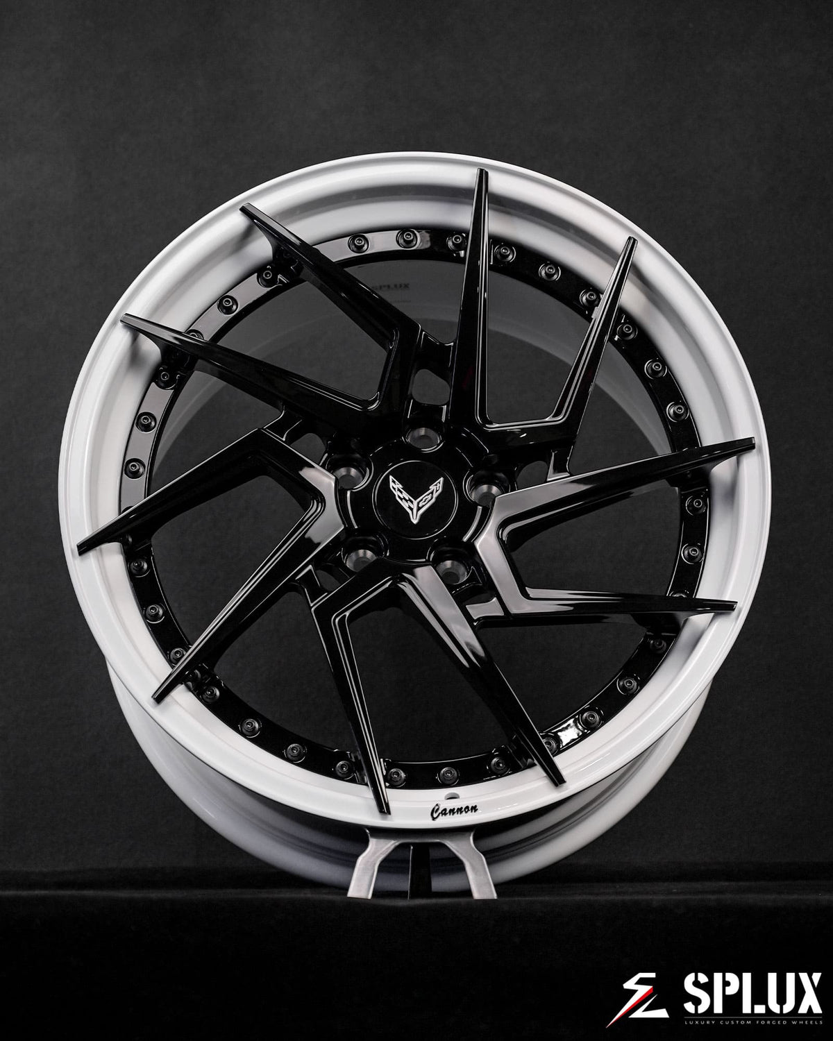 SA-03 Corvette C8 wheels mounted on custom wheel engraving vehicle setup crisp low angle shot