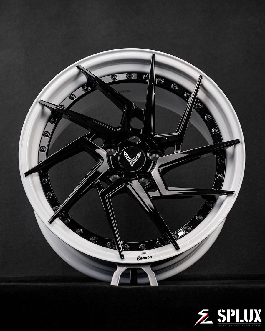SA-03 Corvette C8 wheels mounted on custom wheel engraving vehicle setup crisp low angle shot