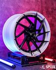SA-03 forged wheels face close up focusing on piano black spokes reflection and structural lip