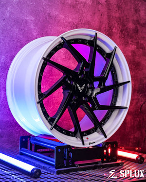 SA-03 forged wheels face close up focusing on piano black spokes reflection and structural lip