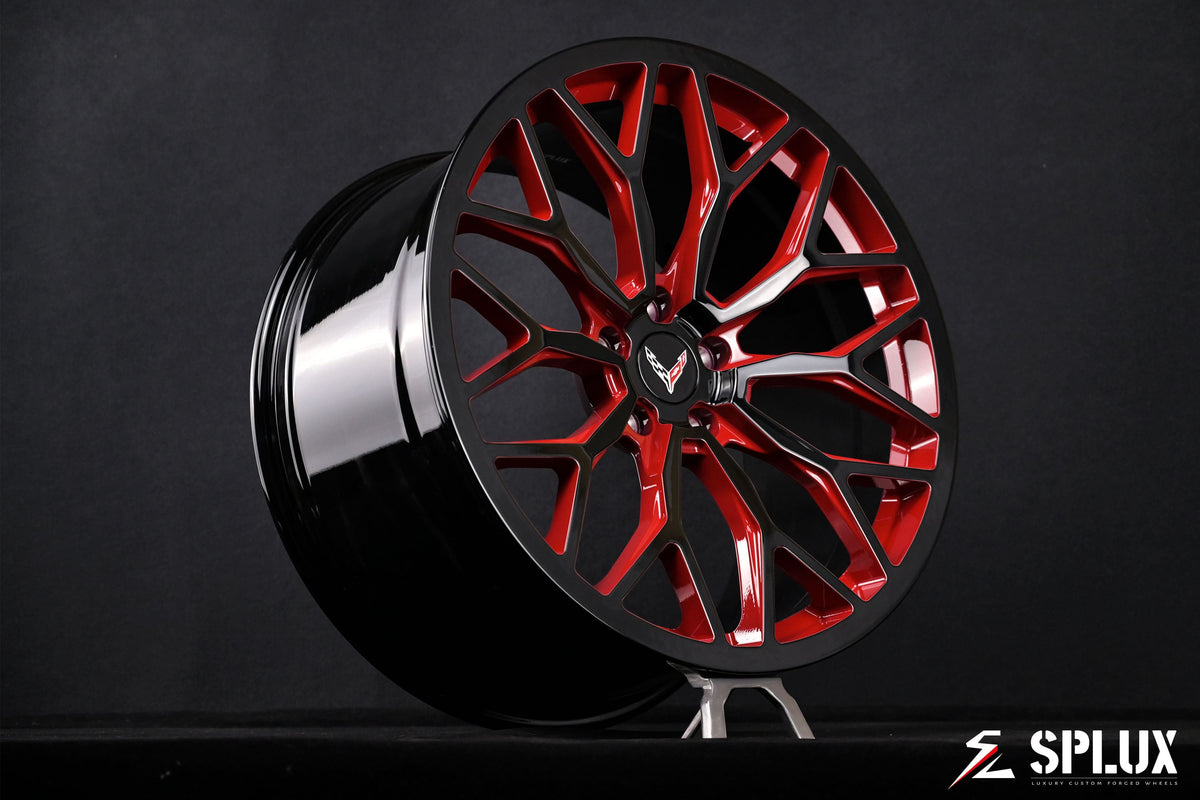 Black red corvette wheels on a 2021 Corvette C8 Stingray Z51 with SC-14M forged 1-piece wheels in piano black with red accent