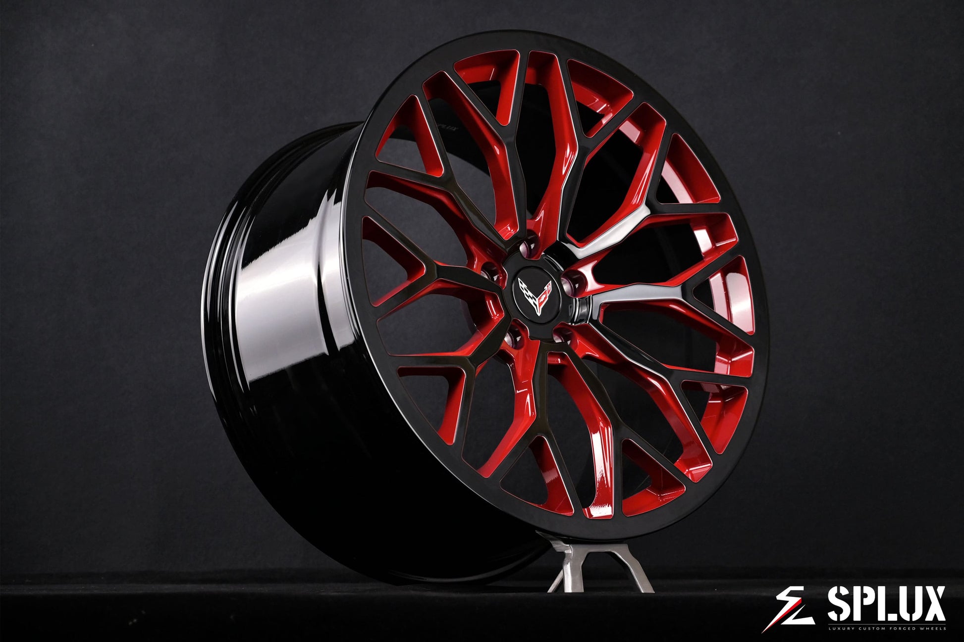 Black red corvette wheels on a 2021 Corvette C8 Stingray Z51 with SC-14M forged 1-piece wheels in piano black with red accent