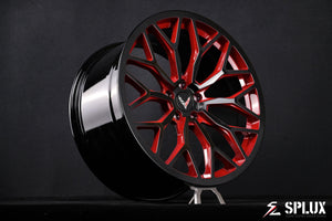 Black red corvette wheels on a 2021 Corvette C8 Stingray Z51 with SC-14M forged 1-piece wheels in piano black with red accent