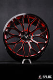 SC-14M forged wheel with piano black spokes and red accent, custom Corvette C8 logo center cap visible