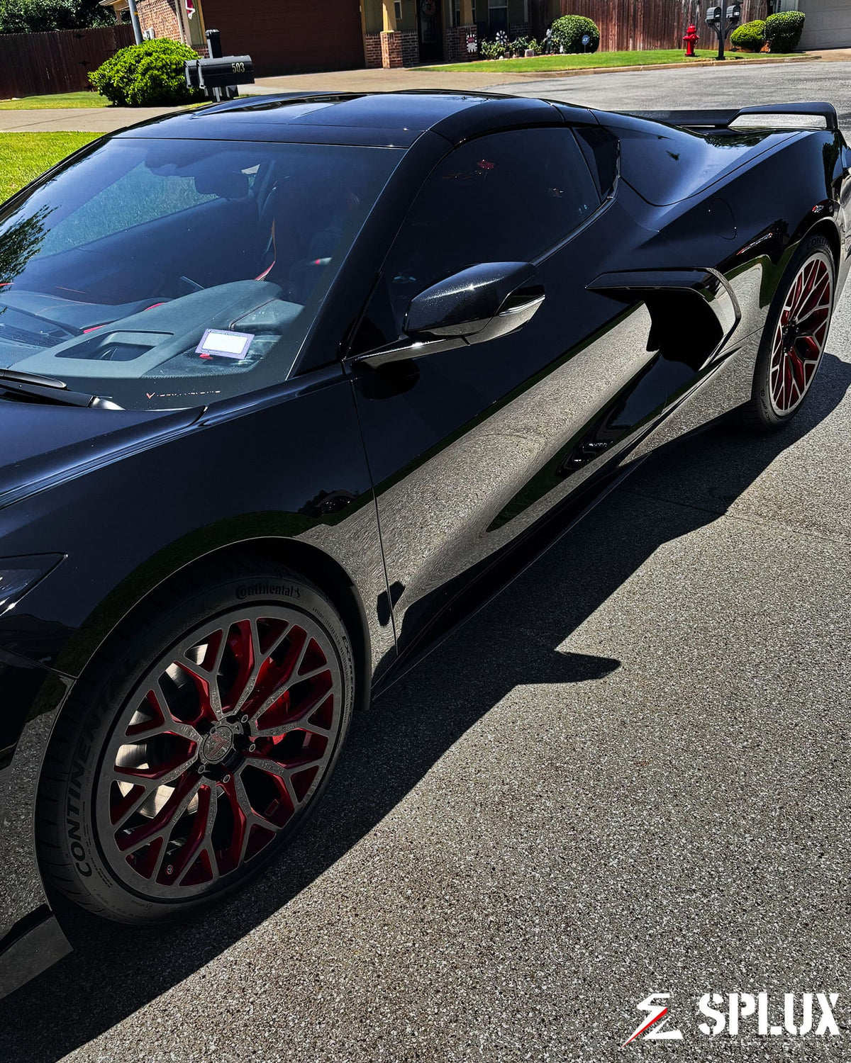 2021 Corvette C8 Stingray Z51 with black corvette with red rims, SC-14M forged wheels with piano black finish and crimson red accents