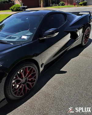 2021 Corvette C8 Stingray Z51 with black corvette with red rims, SC-14M forged wheels with piano black finish and crimson red accents