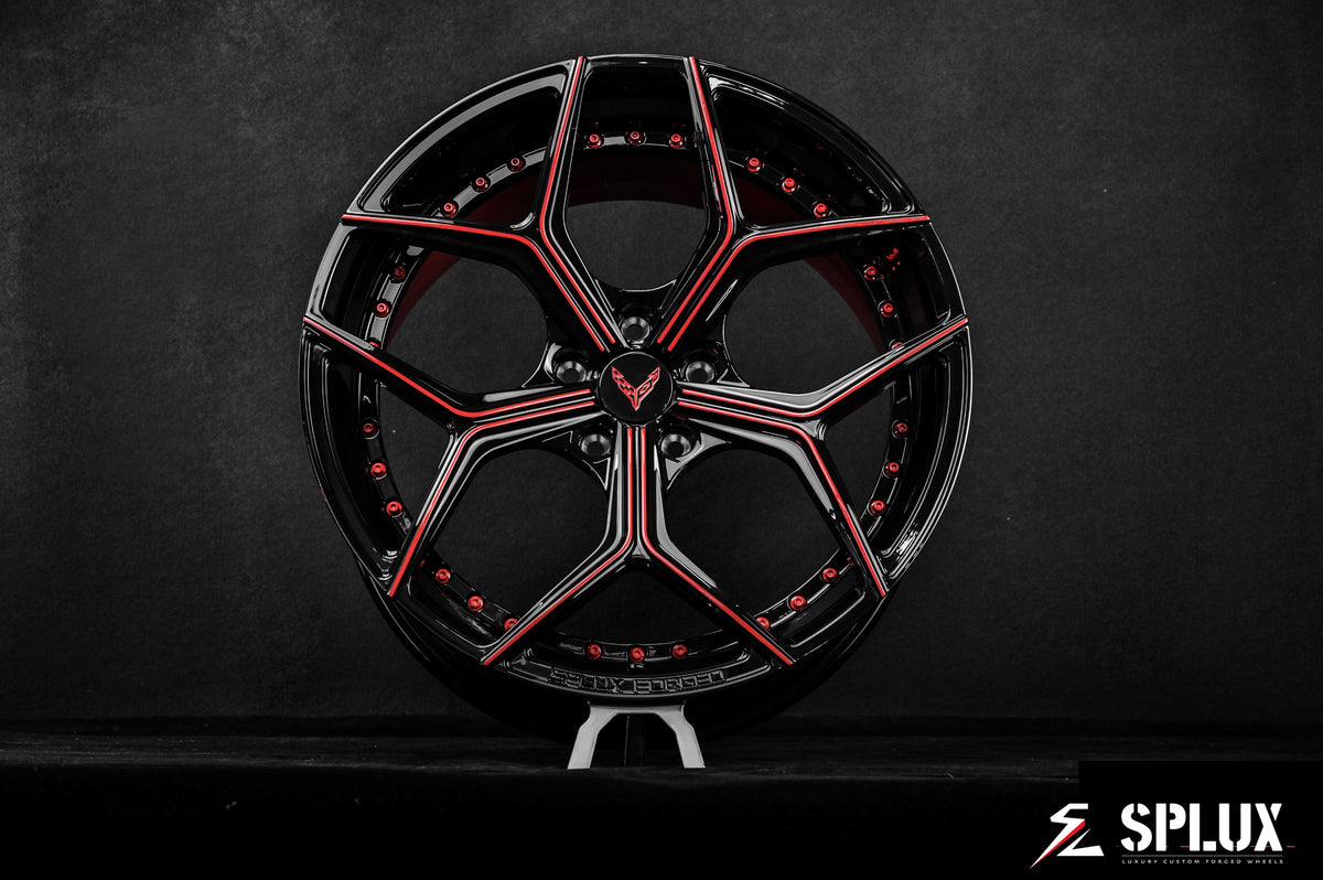 C8 Corvette with aftermarket wheels, SL-C04 forged 2-piece in black and red