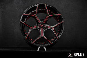 C8 Corvette with aftermarket wheels, SL-C04 forged 2-piece in black and red